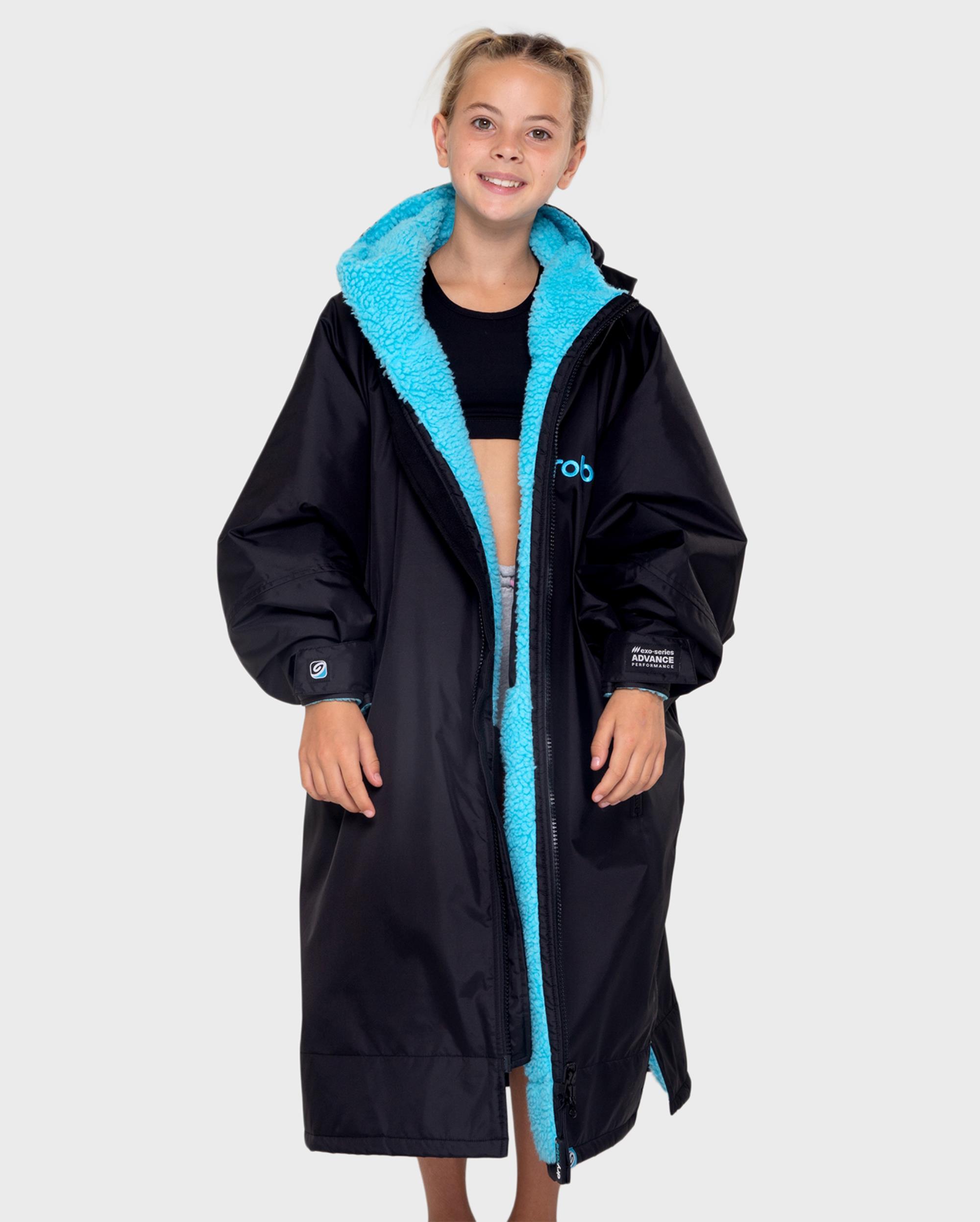 DRYROBE Advance Long Sleeve KIDS Schwarz Blau 5-9 wetterfester wasserdichter Outdoor-Umkleidemantel