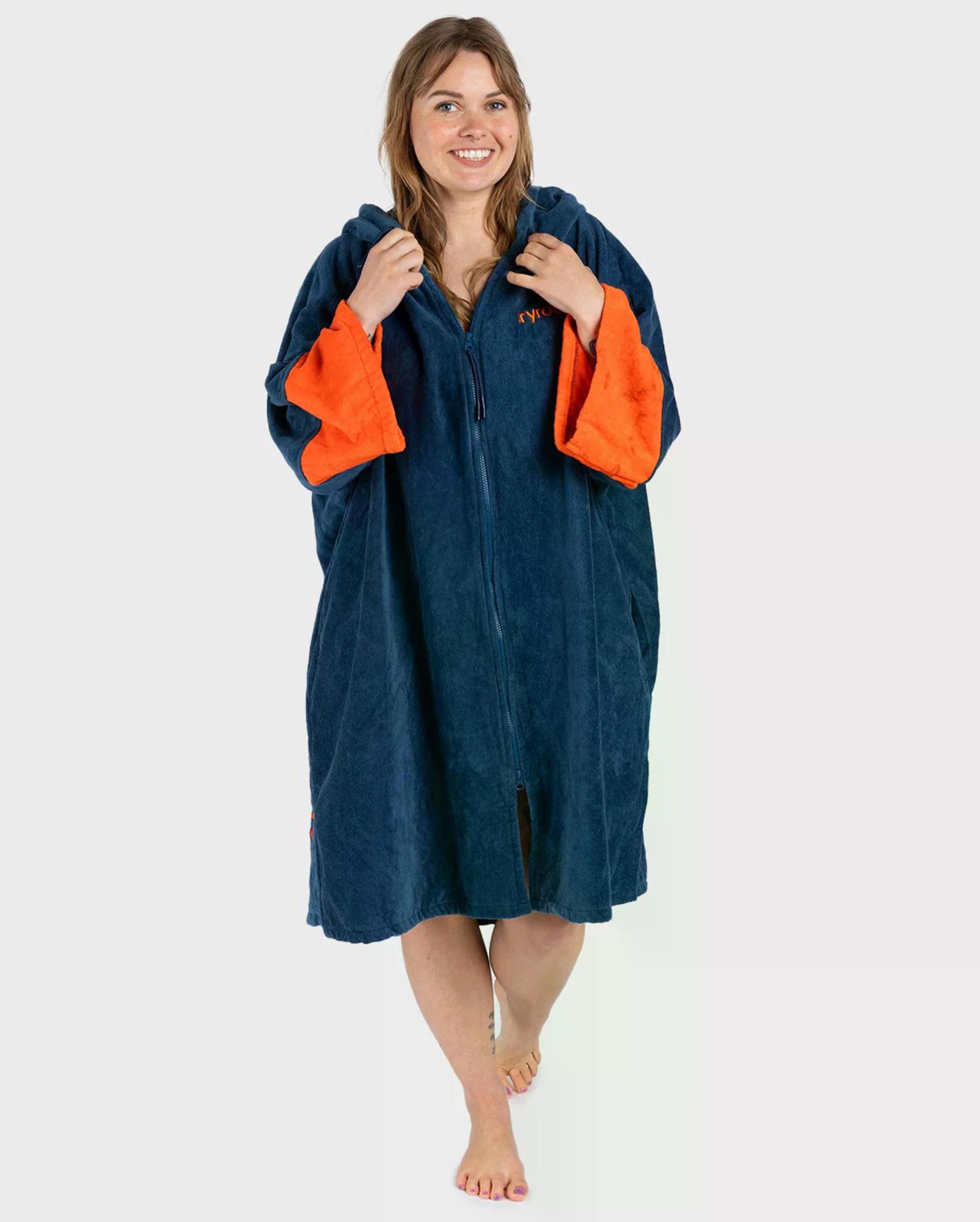 DRYROBE Fullzip Handtuchmantel Baumwolle Blau L unisex 100% Bio Baumwolle Towel Robe Beach Poncho