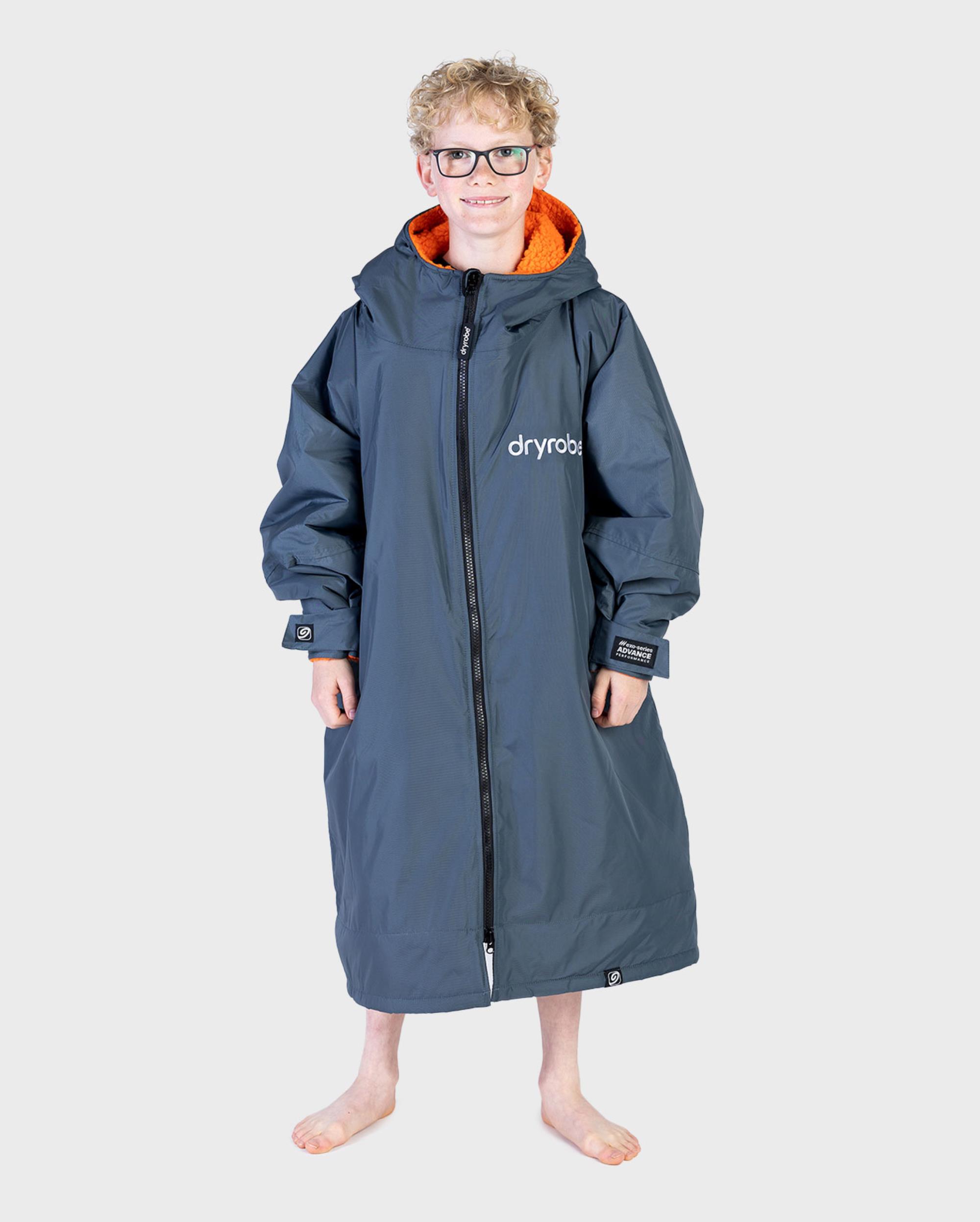 DRYROBE Advance Long Sleeve KIDS Grau Orange 5-9 wetterfester wasserdichter Outdoor-Umkleidemantel